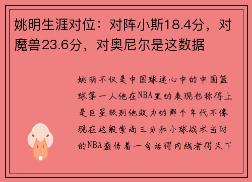 姚明生涯对位：对阵小斯18.4分，对魔兽23.6分，对奥尼尔是这数据